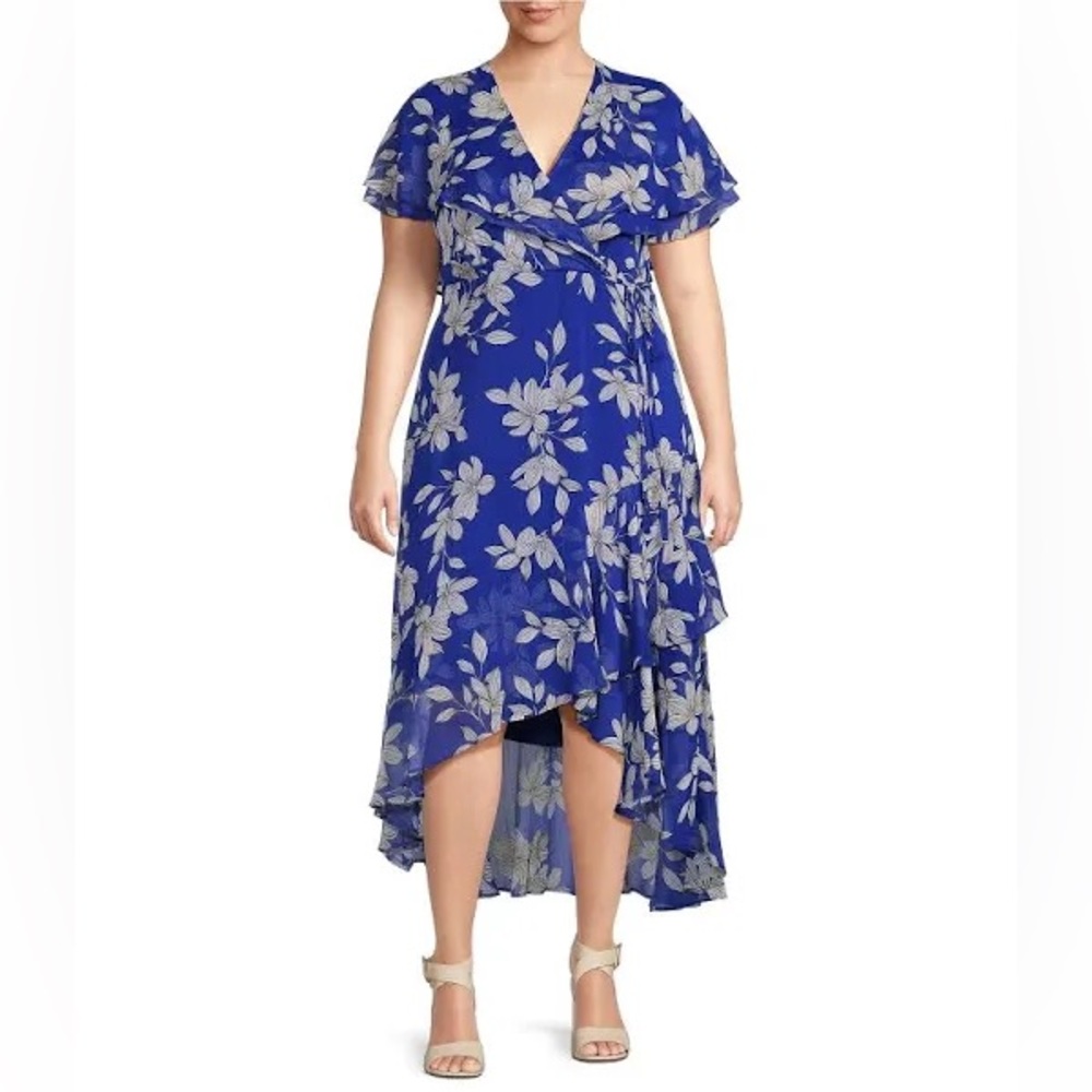 Calvin Klein Royal Blue Floral High Lo Dress with Flutter Sleeves